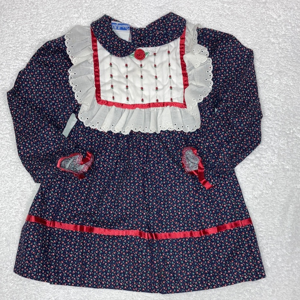 Vintage Polly flinders lace front navy floral long sleeve cottage core dress 2t
